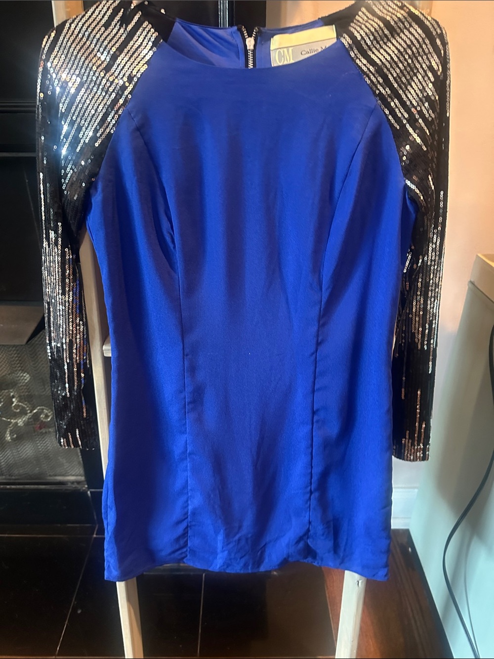 C/M Callie Mantosh Royal Blue Dress with Black Sequin Sleeves